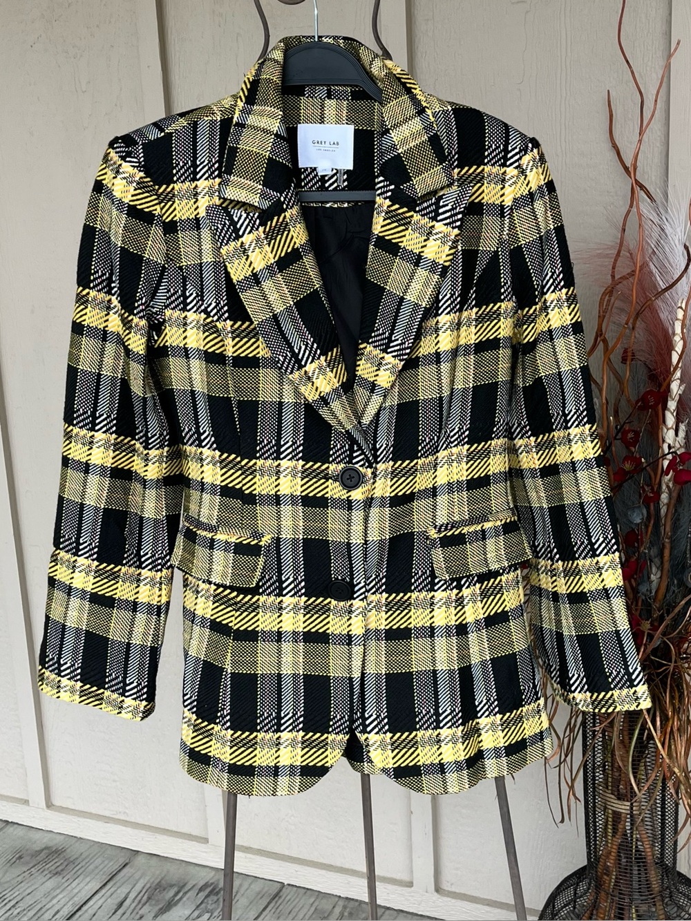 Grey Lab For Anthropologie Women's Blazer Plaid Black Yellow White Tailored M